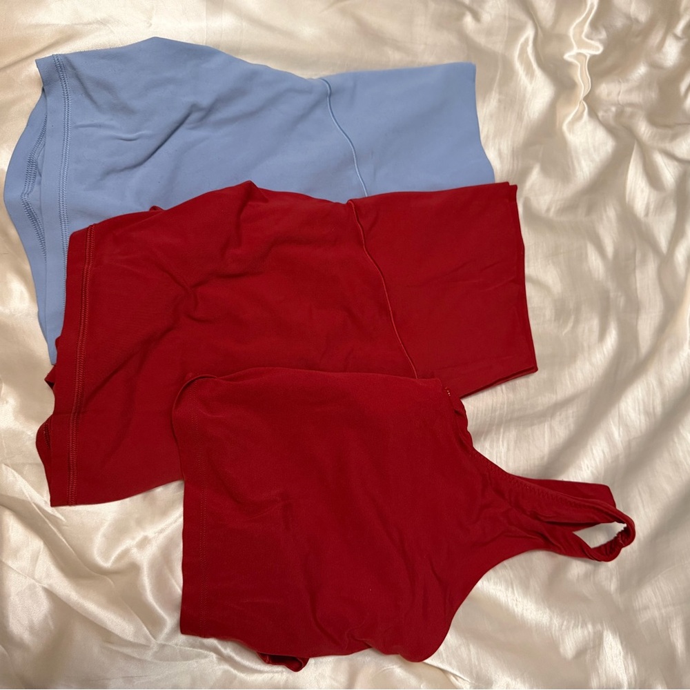 Aerie Long Line Sports Bra & 3” Shorts in Summer Burgundy & Monaco Blue 3” Short